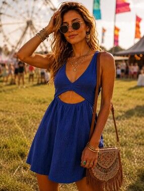 ReachMe Royal Blue Cutout Mini Dress Open Back Linen Blend Size Small‎ NWT